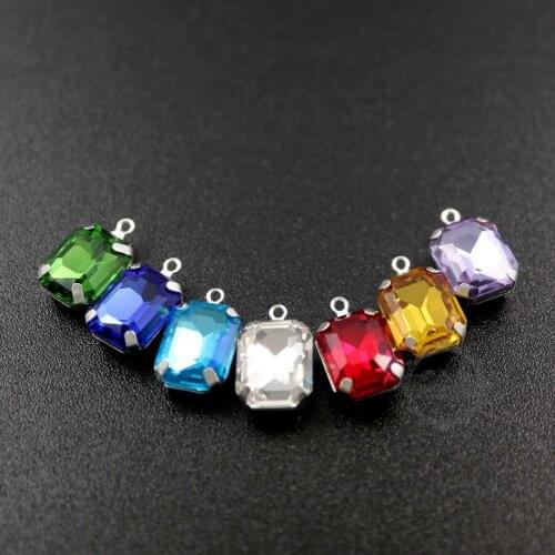 8x10mm green,blue,purple,yellow,red,crystal rectangle faceted glass in silver bezel vintage DIY pendant charm supplies 1800328