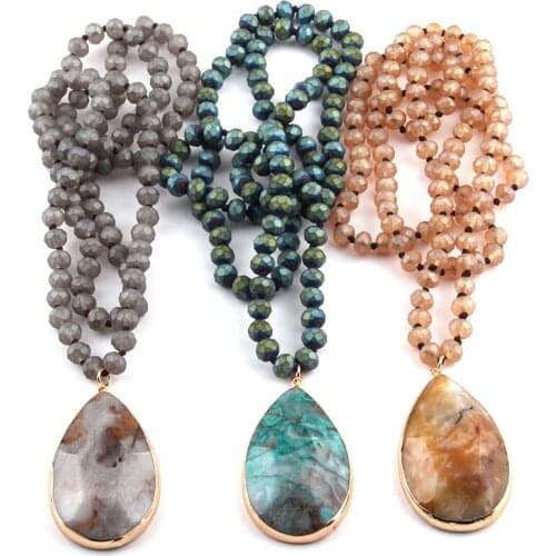 Free Shipping Fashion Frosted Crystal Glass Bead Knotted Natural Stone Pendant Necklaces For Women Ethnic Necklace