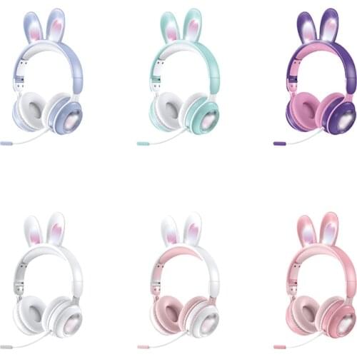 Wireless Headphones Gaming Noise Reduction Microphone Bluetooth Compatible RGB Three-Color Light Rabbit Ear Gamer Headset Gifts