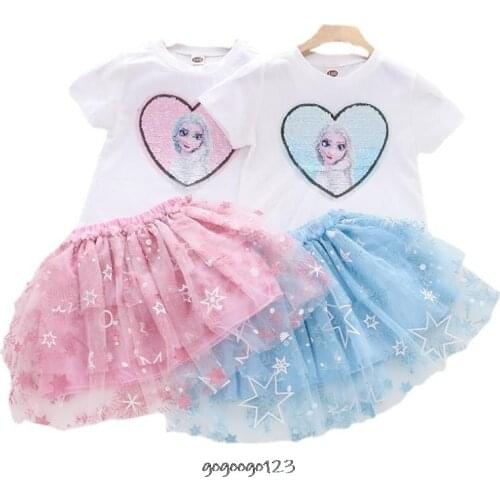 Disney Frozen Elsa Clothing Sets For Girl Summer Pure Cotton Sequins T-Shirt And Skirt 2Pcs Kids Suit 2-8 Year Children Clothing