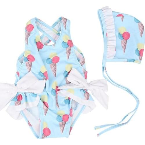 Baby Girl Bowknot Romper Swimsuit Cap Protector Ice Cream Printed No-Sleeve Round Collar Backless Beach Clothes Summer for 1-6T