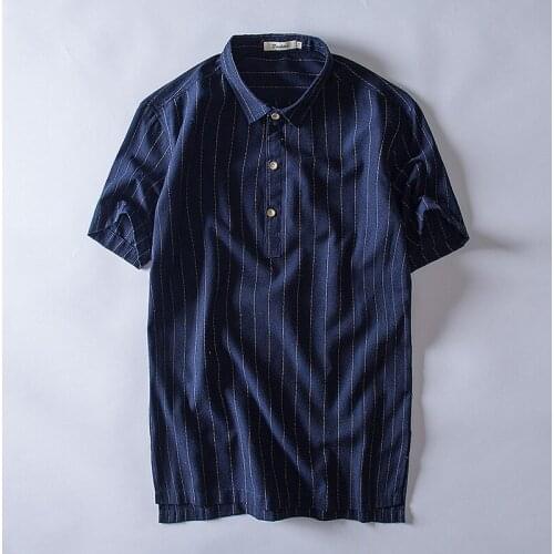 2021 New Cotton Linen Short Sleeve Mens T Shirts Summer Striped Slim Fit Polo Collar T-Shirt Male Clothes Plus Size 4XL Tops