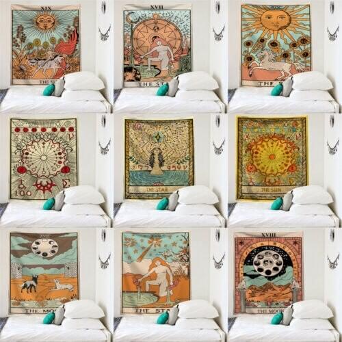 Mandala Tarot Card Pattern Tapestry Blanket Wall Hanging Tapestries Bedroom Bedspread Sun Moon Wall Decor Throw Cover 95x73CM
