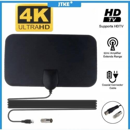 JTKE 4K 25DB High Gain HD TV DTV Box Digital TV Antenna EU Plug 50 Miles Booster Active Indoor Aerial HD Flat Design