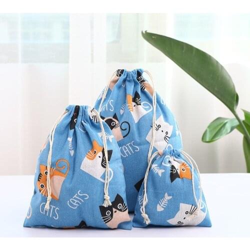 2pcs Clothes Storage Bag Printed Cotton And Linen Drawstring Dustproof Pockets Portable Household Toiletries Cosmetic Organizer