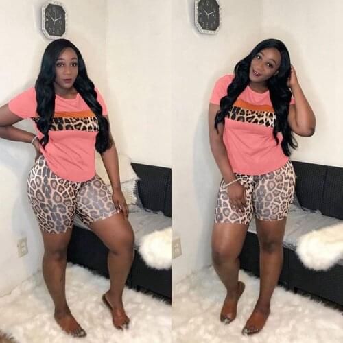 TNNAOFF Plus Size Leopard Two Piece Tracksuits Women Set Short Sleeve T Shirt Tops Sexy Biker Shorts Lounge Wear Matching Sets
