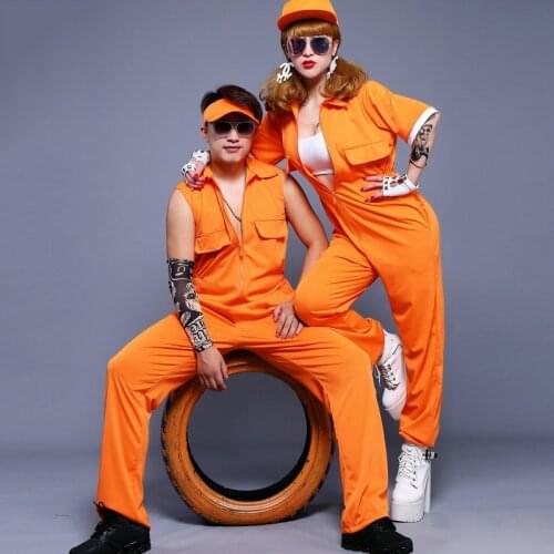 Jazz Dance Costumes Women Men Hip Hop Clothing Nightclub Singer Dj Ds Dancer Stage Rave Outfit Orange Jumpsuit Overalls DT1065