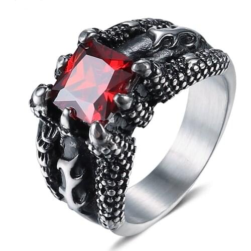 Stainless Steel Retro Black Ghost claw Red Stone Men Women Punk Ring High Quality Engagement Finger Jewelry Size 9-13 Wholesale