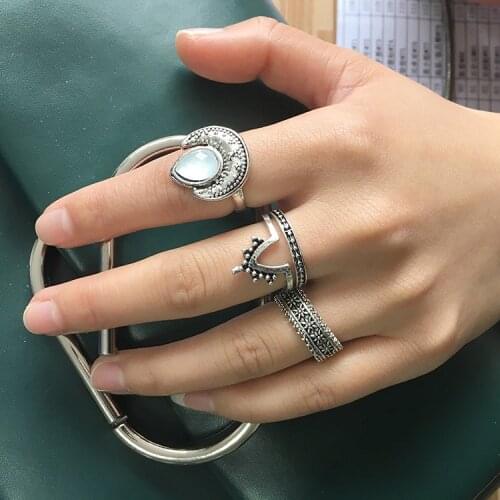 New Jewelry Antique Stone Carved Moon Tail Ring Adjustable Joint Ring Gypsy Four Piece Set Ring Rings For Women