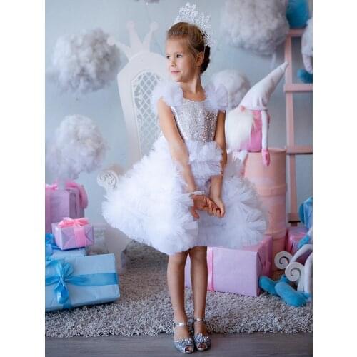 New White Puffy Girls Dresses Sleeveless Tulle Silver Sequined Backless Party Gown Bridesmaid Kids Dress Photography Props 1-14Y