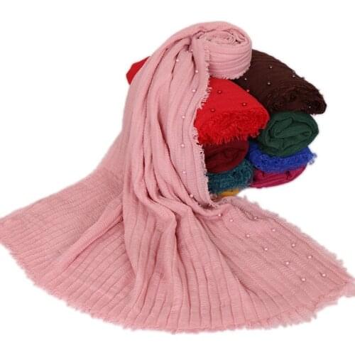 New style crinkle cotton with beads scarf Plain Wrinkle Wrap Bubble Cotton Viscose scarves Crinkled Hijab wrap muslim shawl