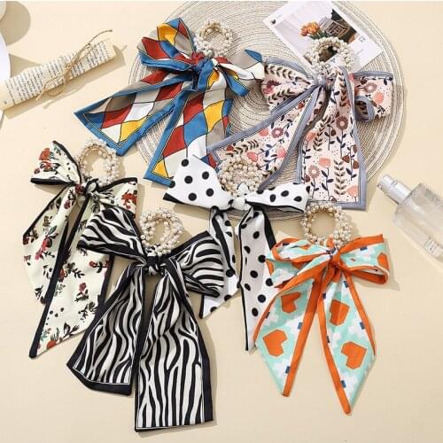 Pastoral Romantic Silky Bowknot Hair Ribbons Simulated Pearl Elastic Hair Bands Scrunchies for Women Girls Hair Ties Accessories