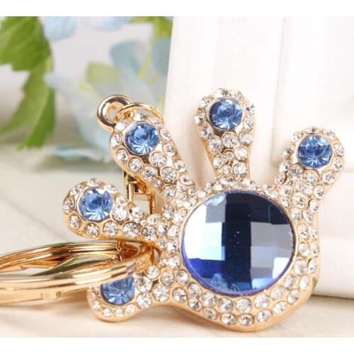 Hand Palm Lovely Charm Bule Round Pendant Rhinestone Crystal Car Purse Bag Key Chain Ring Creative Party Birthday Gift