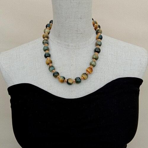 YYGEM Natural 14mm Yellow Tiger Eyes Smooth Round Bead chokers Necklace 19" Women Men Fashion Jewelry trendy