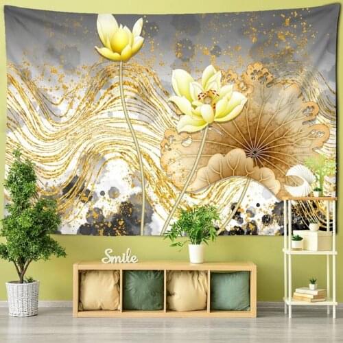Yellow Lotus Gold Line Flowers Wall Hanging Tapestry Art Home Decoration