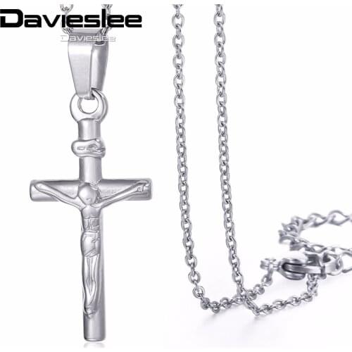 Davieslee Jesus Christ Cross Pendant Necklace for Women Gold Silver Color Stainless Steel Chain Women Necklace Rolo Link LKNM148