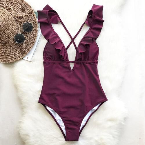 2019 Sexy Retro V Neck One-piece Swimsuit Women Ruffle V-neck Monokini 2019 Push Up Padded Beach Bathing Suit Biquini Swimwear