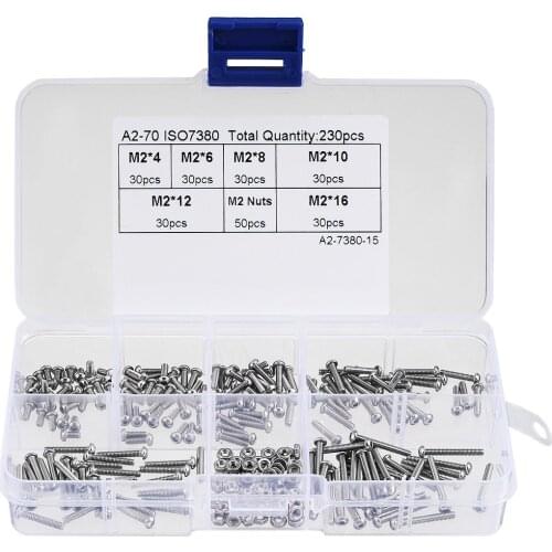 230pcs M2 x 4-16MM Button Head Hex Socket Screw Bolt Nut 304 Stainless Steel Hex Socket Button Head Cap Bolts Screws Nuts Kits