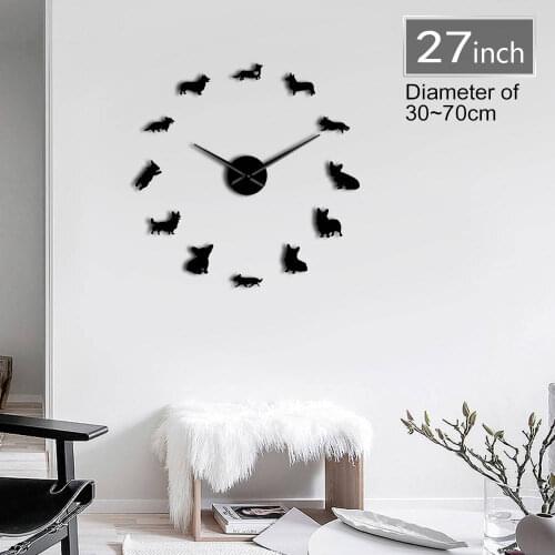 Frameless 3D DIY Wall Clock Mirror Surface English Welsh Corgi Puppy Dog Breeds Wall Art Pet Shop Decor Quiet Sweep Clock Watch