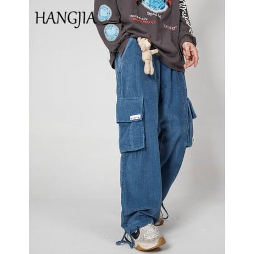 Japanese Retro Corduroy Cargo Pants Men and Women Hip Hop Bear Toy Couple Ornaments Harajuku Drawstring Wide Leg Cargo Pants