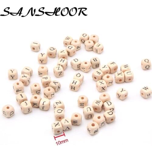 SANSHOOR 10mm Selected Alphabet Letter Natural Wooden Spacer Cube Beads Child Toy DIY Pacifier Clip Kid Craft Art Jewelry 200Pcs