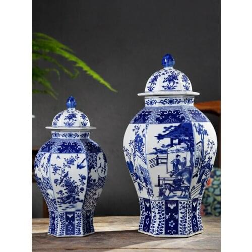 Jingdezhen Antique Blue And White Temple Jar Vase Chinese Living Room Porch Antique Rack Decoration ceramic ginger jar vase