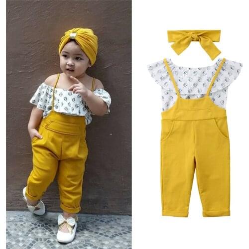 Toddler Baby Girls Kids Clothes Off Shoulder Floral print sleeveless Ruffle pullover Tops strap solid Trousers 2pc cotton outfit