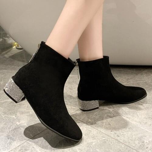 2021 Hot Sale Rhinestone Thick Heels Ankle Boots Women Shoes Fashion Elegant High Heels Women Boots Autumn Winter Warm Booties