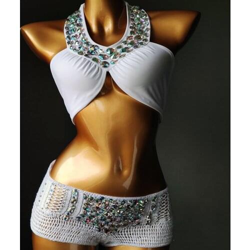 White Crochet Bikini Set Women Diamante Carnival Bra rhinestone Sexy Night Club Panties Festival Bikini Set Burning Man Outfit