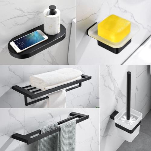 Matte Black Bathroom Accessories Set Towel Bar Paper Towel Holder Toilet Brush Rack Glass Cup Soap Dish