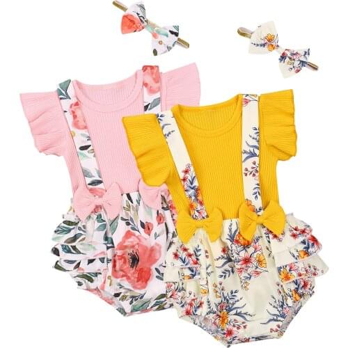 Fashion Infant Baby Girl Casual Three Piece Suit Sweet Solid Color Fly Sleeve T-shirt and Suspender Shorts with Headband