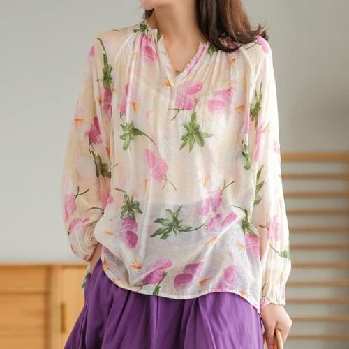 NINI WONDERLAND 2021 Women Printing Thin Loose Casual Blouse V Neck Summer Long Sleeve Big Size Shirt Mori Girl Style Print Tops