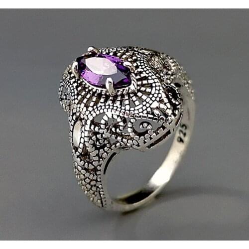 Charm Mystic Retro 925 Thai Silver Amethyst Ring Korean Fashion Hollow Out with Purple Rhombus Zircon Band Engagement Jewelry