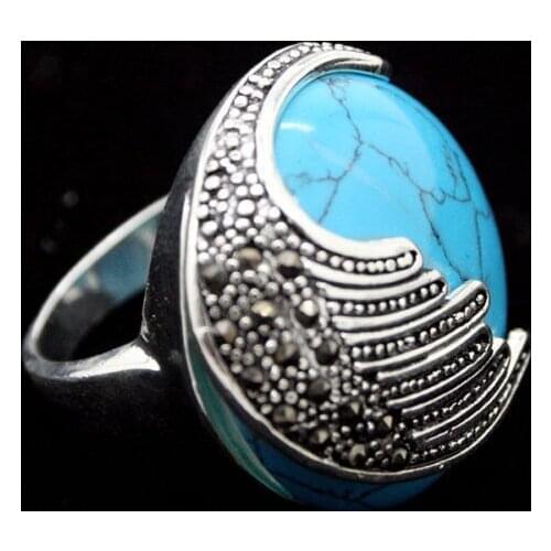 Wholesale NEW Blue Natural jade Marcasite 925 Sterling Silver Ring Size 7/8/9/10