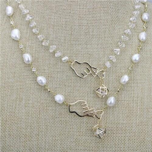 18inch 10pcs/lot Freshwater pearl beads cz necklace,crystal beads chain with plated pendant necklace,handmade necklace wholesale