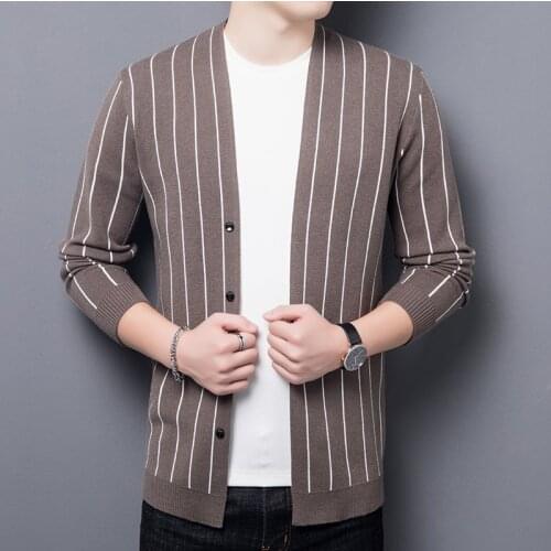 Pinestriped Khaki Elegant Knitted Jackets For Mens Korean Fashion Clothing Spring Large Size Mens Cardigan Black Grey Husband