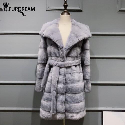 Q.FURDREAM Real Natural Mink Fur Hooded Coat Winter Warm Thick Jacket Soft Vintage Clothing Fashion Popular Luxury Outerwear