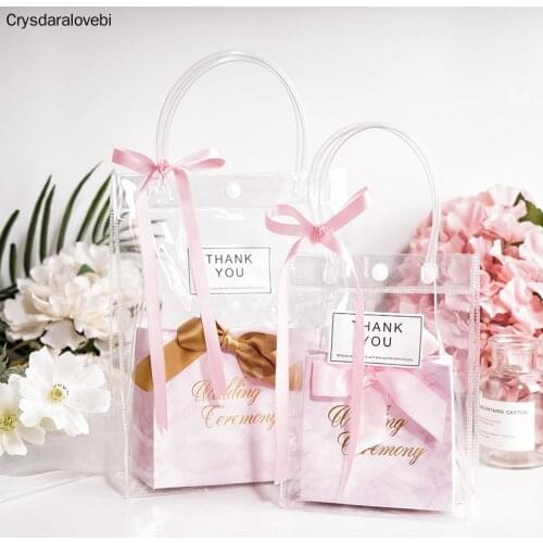 Pink Theme PVC Gift Bags With Ribbons And Tags Wedding Favors Party Supplies Tote Gift Bag Shopping Jelly Christmas Thanksgiving