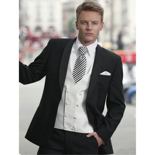 Custom Made Groom Tuxedos Black Groomsmen Shawl Lapel Wedding/Dinner Suits Best Man Bridegroom (Jacket+Pants+Tie+Vest) B581