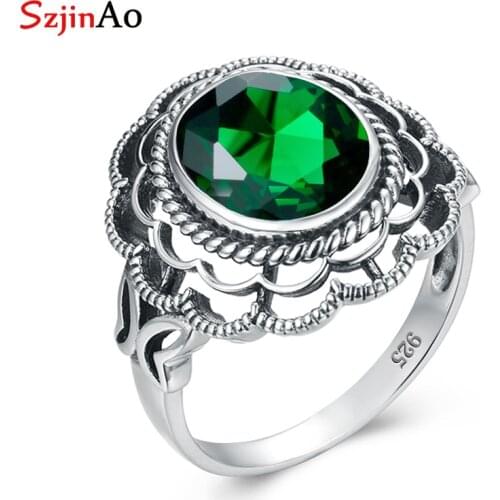 Szjinao Green Emerald Ring 925 Silver Woman Bohemia Handmade Gemstone Flower Rings Party Famous Brand Fine Jewelry 2020 Spring