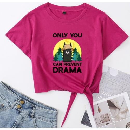 Only You Can Prevent Drama Crop Top Womens Summer Short-sleeve Print Cotton T-shirt Cropped Tops Graphic Tee with Front Knot