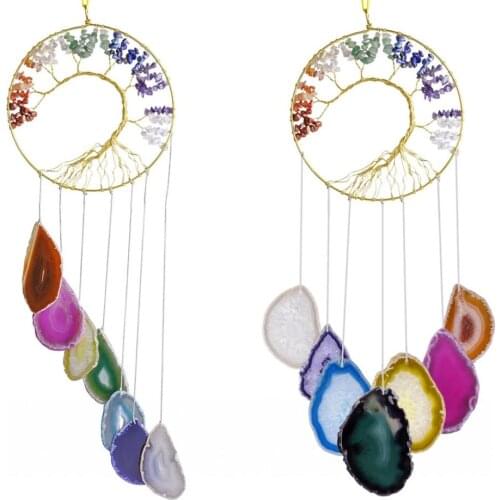 TUMBEELLUWA Chakra Crystal Tree of Life Ornament & Agate Geode Slices Wind Chime,Suncatcher Window Wall Decor Hanging Home Decor