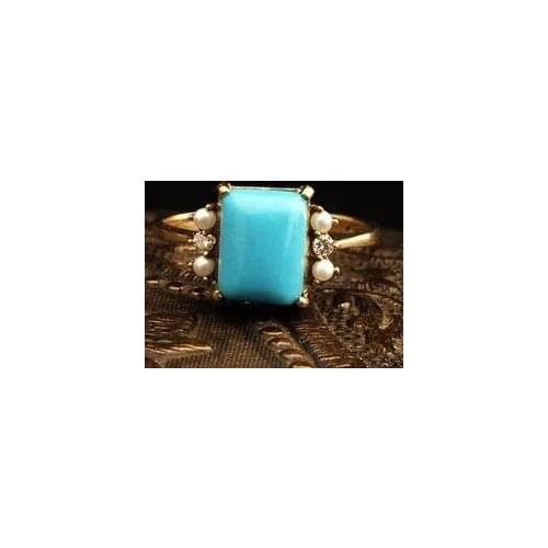 Womens Fashion 18K Gold Color Ring Elegant Retro Blue Turquoise Jewelry Wedding Engagement Party Ring Birthday Gift Size 5-11