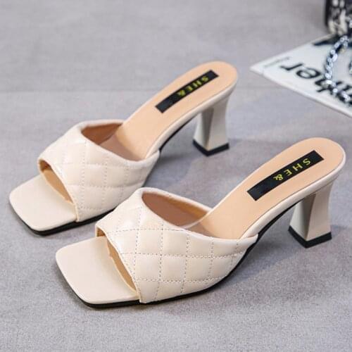 2021 Luxury Design Slides Women 7cm High Heels Plus Size 44 Mules Fetish Summer Sandals Lady Block Heels Slipper Stripper Shoes