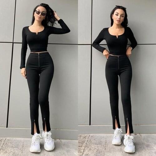Womens Solid Color High Waist Slim Slit Casual Pants Black