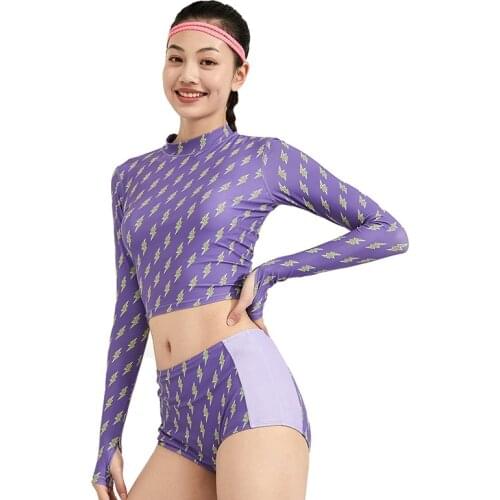 Sunscreen Surfing Womens Swimsuit Swimwear 2 Piece Long Sleeve Swimwear Female Mid-Waist Shorts Bathing Suit Girls Purple Pink