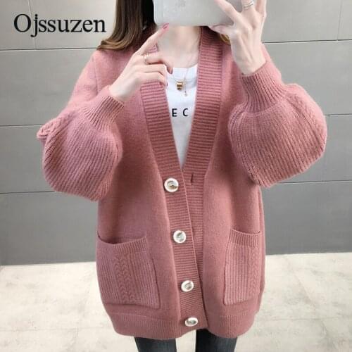 Sexy V Neck Winter Female Sweater Jacket Button With Pocket Knitted Cardigan Women Oversize Outerwear Ladies Loose Coat Sweaters