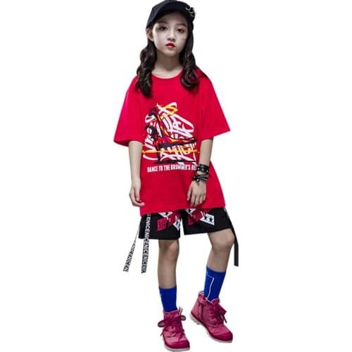 2PCS/SET Kids Children Red Hip Hop Dance Costume Stage Jazz Dance Costumes Suit Girls Jazz Wear Performance Stage Clothing