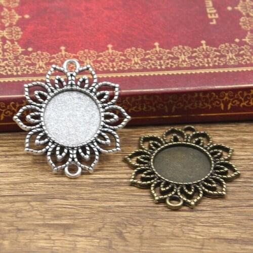3pcs Cabochon Base Fit Setting 18mm Inner Size Antique Bronze Silver Color Round Flower Double Hanging DIY Making Findings