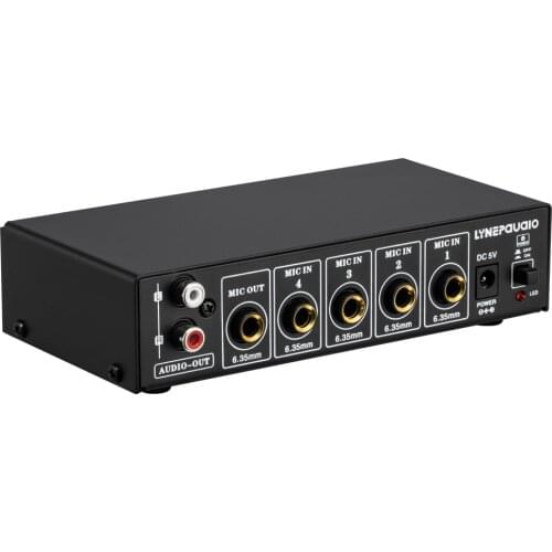 4-Channel Microphone Mixer Support Stereo Output Mini Audio Mixer with Reverb Treble & Bass Adjustment Plug and Play